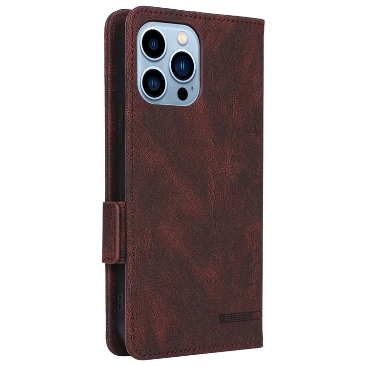 Case de Teléfono de Diseño de Hardware Para Iphone 14 Pro Max 6.7 Pulgadas, PU Leather Well Protection Flip Case de Billetera Anti-drop Stand Shell - Café