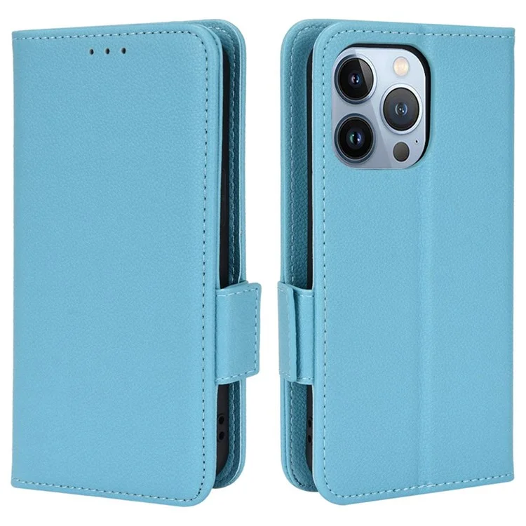 Para Iphone 14 Max 6.7 Pulgadas Case de Teléfono a Prueba de Choques Cubierta Completa Litchi Texture Flip Cover Stand Willet Shell de Cuero de Cuero - Bebe Azul