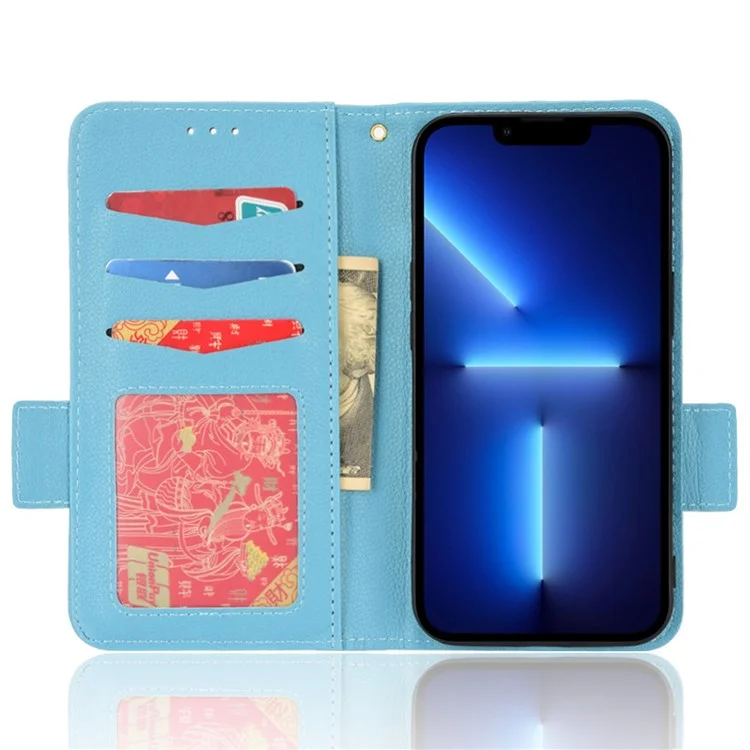 Para Iphone 14 Max 6.7 Pulgadas Case de Teléfono a Prueba de Choques Cubierta Completa Litchi Texture Flip Cover Stand Willet Shell de Cuero de Cuero - Bebe Azul
