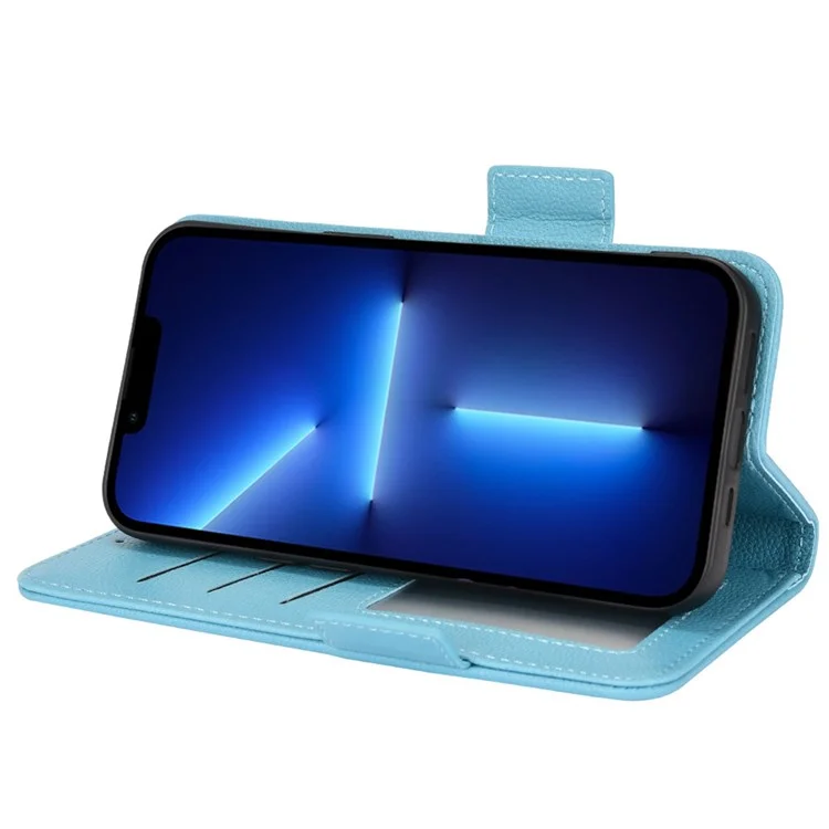 Para Iphone 14 Max 6.7 Pulgadas Case de Teléfono a Prueba de Choques Cubierta Completa Litchi Texture Flip Cover Stand Willet Shell de Cuero de Cuero - Bebe Azul