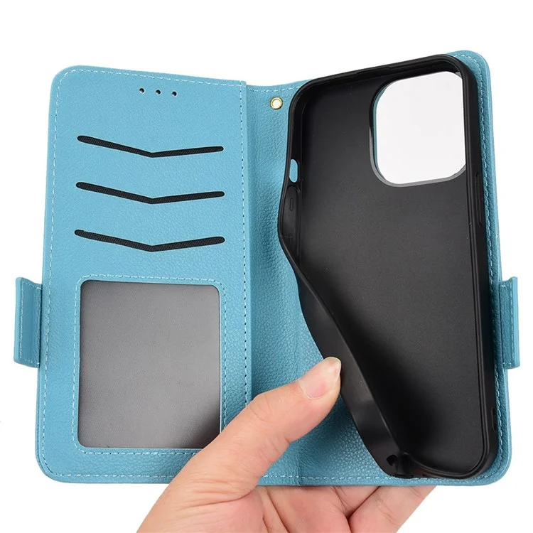 Para Iphone 14 Max 6.7 Pulgadas Case de Teléfono a Prueba de Choques Cubierta Completa Litchi Texture Flip Cover Stand Willet Shell de Cuero de Cuero - Bebe Azul