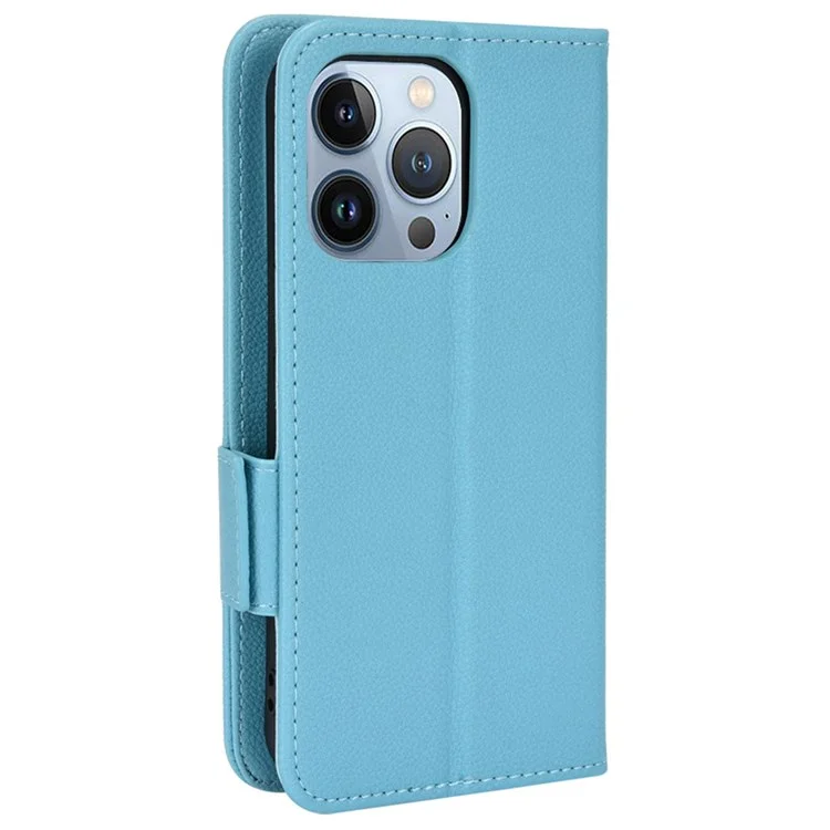 Para Iphone 14 Max 6.7 Pulgadas Case de Teléfono a Prueba de Choques Cubierta Completa Litchi Texture Flip Cover Stand Willet Shell de Cuero de Cuero - Bebe Azul