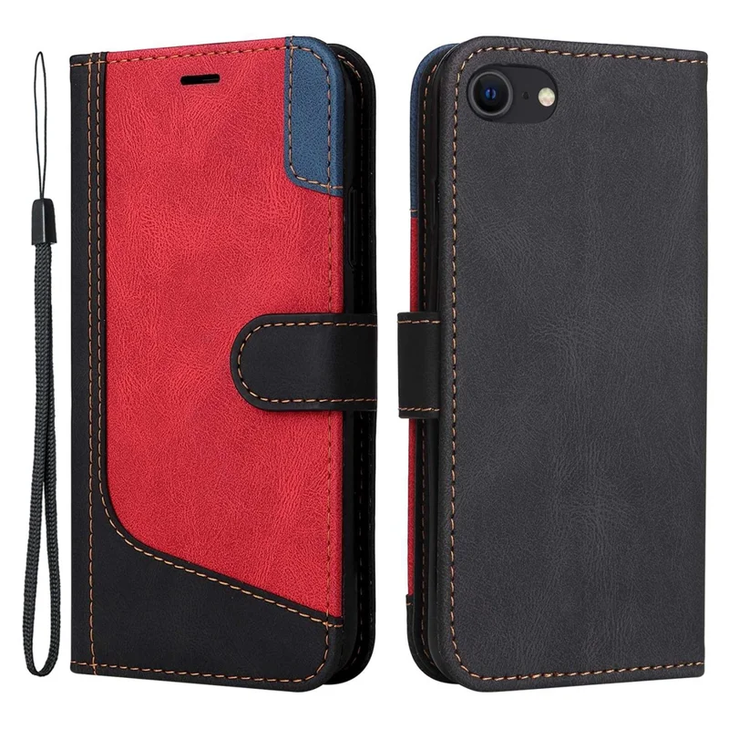 For iPhone 7 4.7 inch/8 4.7 inch/SE (2020)/(2022) Tri-color Splicing Wallet Stand Leather Phone Case Cover with Strap - Black