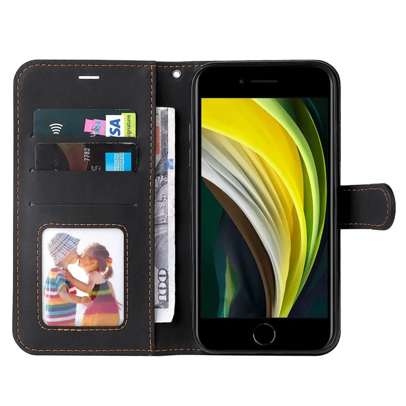 For iPhone 7 4.7 inch/8 4.7 inch/SE (2020)/(2022) Tri-color Splicing Wallet Stand Leather Phone Case Cover with Strap - Black