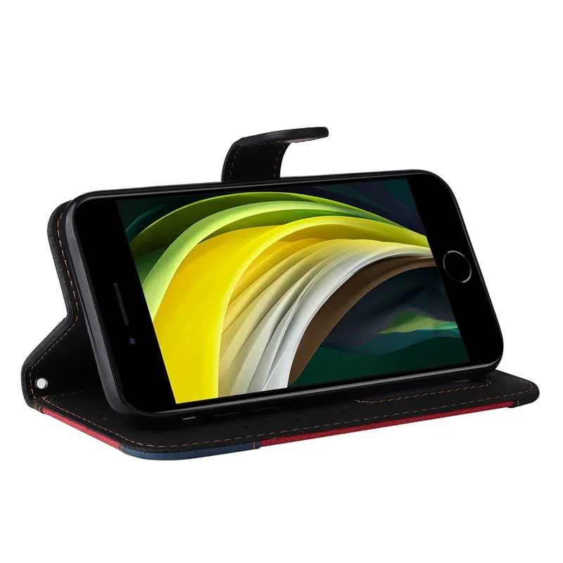 For iPhone 7 4.7 inch/8 4.7 inch/SE (2020)/(2022) Tri-color Splicing Wallet Stand Leather Phone Case Cover with Strap - Black