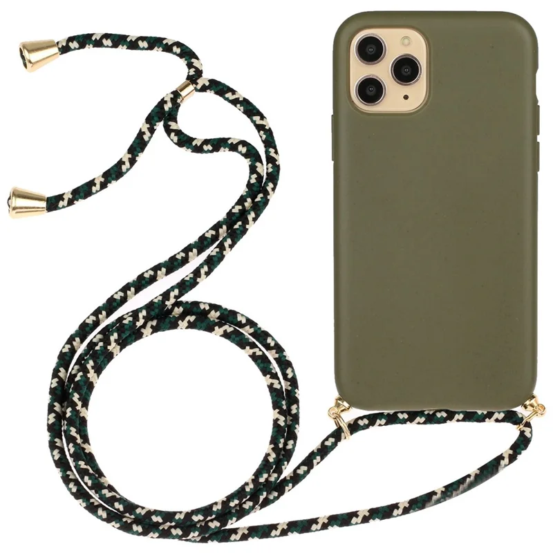 Para Iphone 14 Pro Máximo de 6,7 Polegadas de Trigo Tpu Híbrido Capa à Prova de Gota Com Cordão Longo - Exército Verde