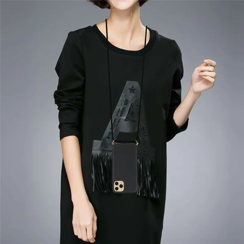 Anti-scratch Protective Phone Cover for iPhone 14 Pro 6.1 inch, Wheat Straw + TPU Case with Adjustable Lanyard - Black