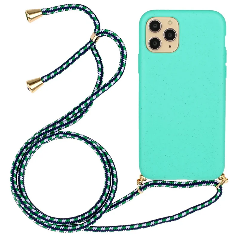 Anti-scratch Protective Phone Cover for iPhone 14 Pro 6.1 inch, Wheat Straw + TPU Case with Adjustable Lanyard - Sky Blue