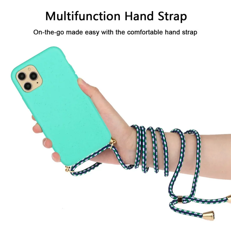 Anti-scratch Protective Phone Cover for iPhone 14 Pro 6.1 inch, Wheat Straw + TPU Case with Adjustable Lanyard - Sky Blue