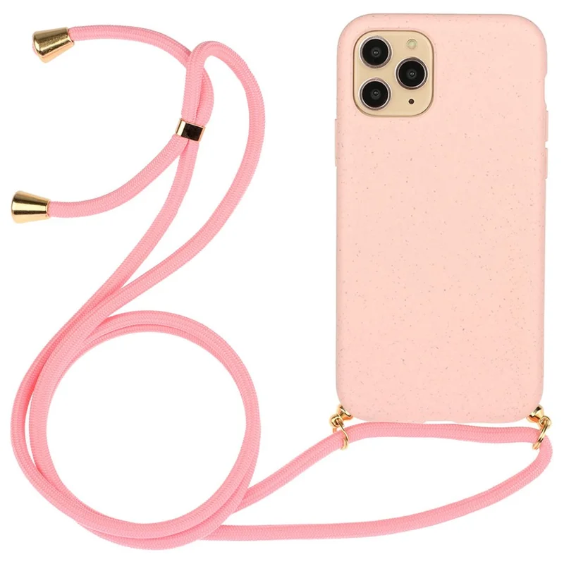 Anti-scratch Protective Phone Cover for iPhone 14 Pro 6.1 inch, Wheat Straw + TPU Case with Adjustable Lanyard - Pink