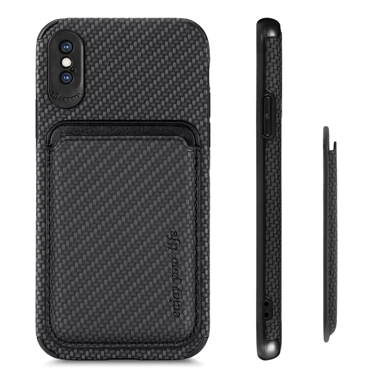 For iPhone X/XS 5.8 inch Carbon Fiber Texture Wear-resistant Phone Case PU Leather + TPU + PVC Protector with Detachable Magnetic Card Holder - Black