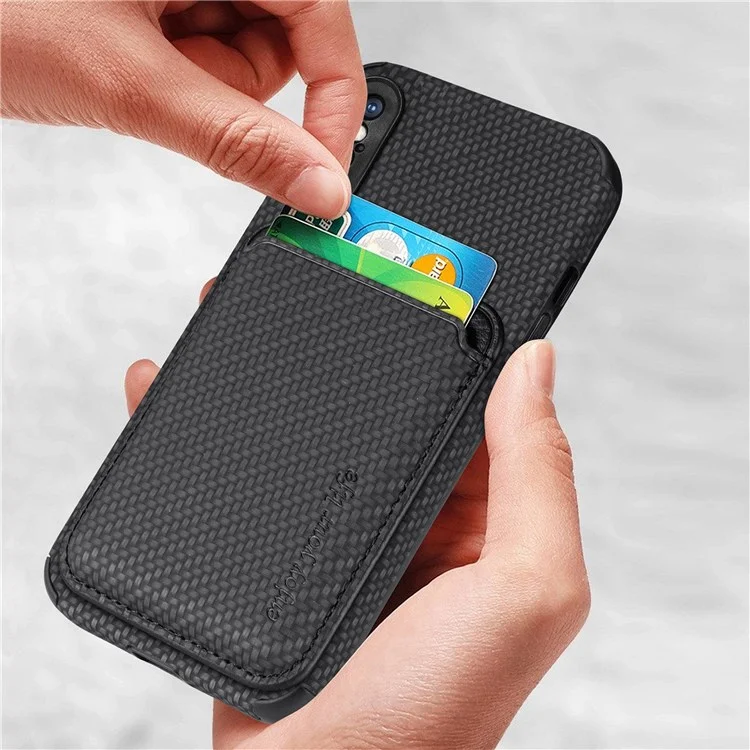 For iPhone X/XS 5.8 inch Carbon Fiber Texture Wear-resistant Phone Case PU Leather + TPU + PVC Protector with Detachable Magnetic Card Holder - Black