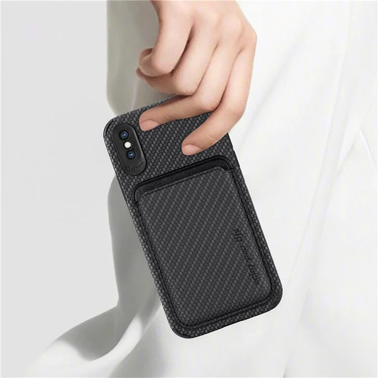 For iPhone X/XS 5.8 inch Carbon Fiber Texture Wear-resistant Phone Case PU Leather + TPU + PVC Protector with Detachable Magnetic Card Holder - Black