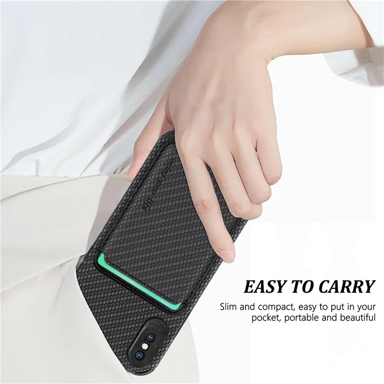 For iPhone X/XS 5.8 inch Carbon Fiber Texture Wear-resistant Phone Case PU Leather + TPU + PVC Protector with Detachable Magnetic Card Holder - Black