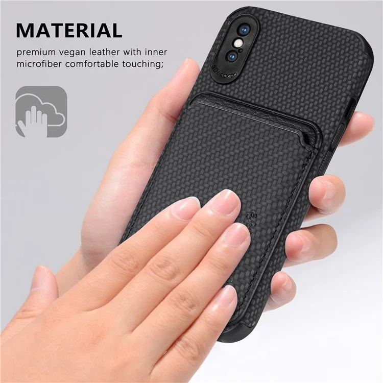 Para iPhone X/XS 5,8 polegadas Textura de Fibra de Carbono Capa de Telefone Resistente ao Desgaste PU Couro + TPU + PVC Protetor com Suporte Magnético Destacável para Cartão - Preto