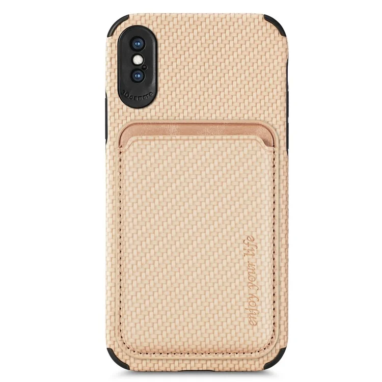 For iPhone X/XS 5.8 inch Carbon Fiber Texture Wear-resistant Phone Case PU Leather + TPU + PVC Protector with Detachable Magnetic Card Holder - Khaki