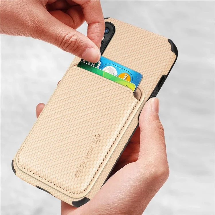 Para Iphone X/XS 5,8 Polegadas de Textura de Textura de Fibra de Carbono, Capa de Telefone Resistente a PU Couro + TPU + PVC Protector Com Suporte de Cartão Magnético Destacável - Cáqui