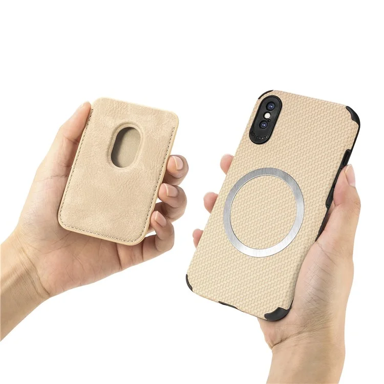 Para Iphone X/XS 5,8 Polegadas de Textura de Textura de Fibra de Carbono, Capa de Telefone Resistente a PU Couro + TPU + PVC Protector Com Suporte de Cartão Magnético Destacável - Cáqui