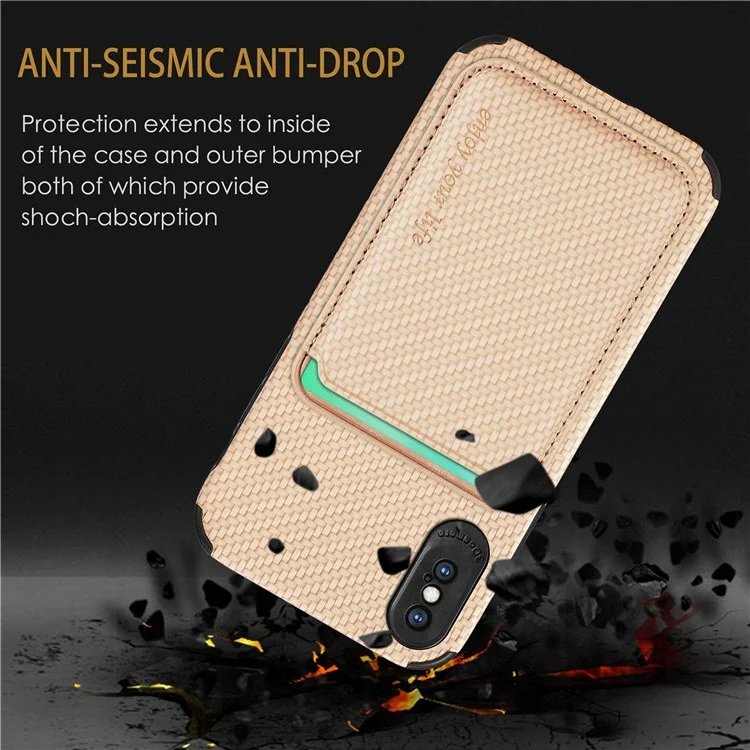 For iPhone X/XS 5.8 inch Carbon Fiber Texture Wear-resistant Phone Case PU Leather + TPU + PVC Protector with Detachable Magnetic Card Holder - Khaki
