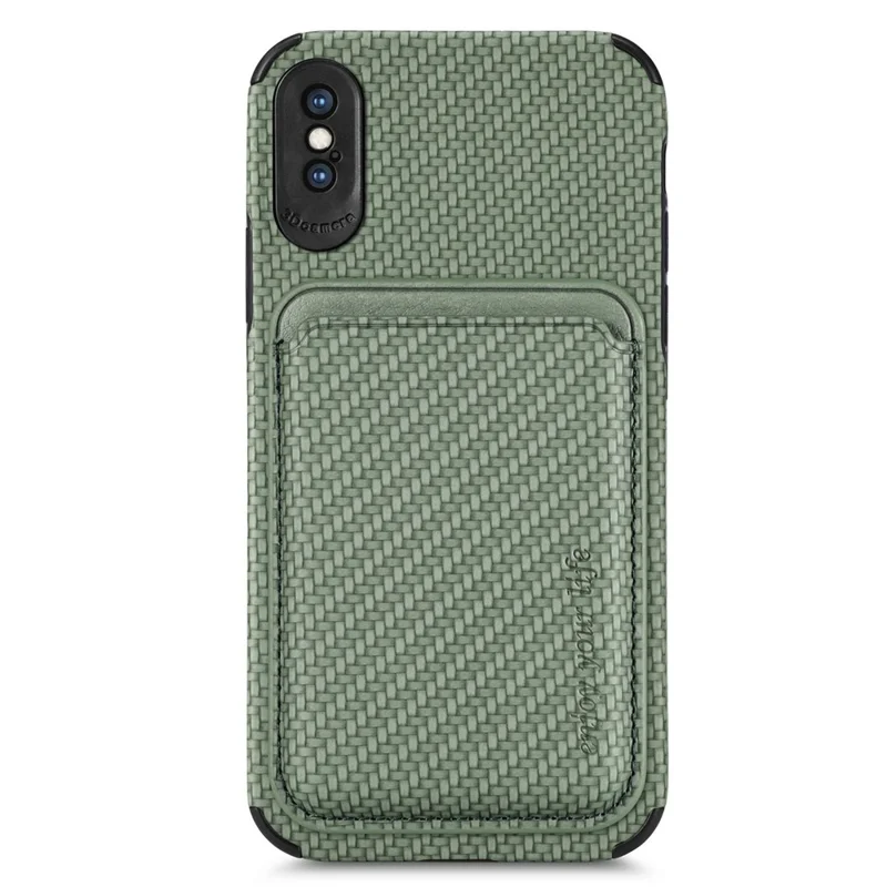 Para iPhone X/XS de 5.8 pulgadas Funda de teléfono con textura de fibra de carbono Resistente al desgaste PU Cuero + TPU + Protector PVC con soporte magnético desmontable para tarjetas - Verde