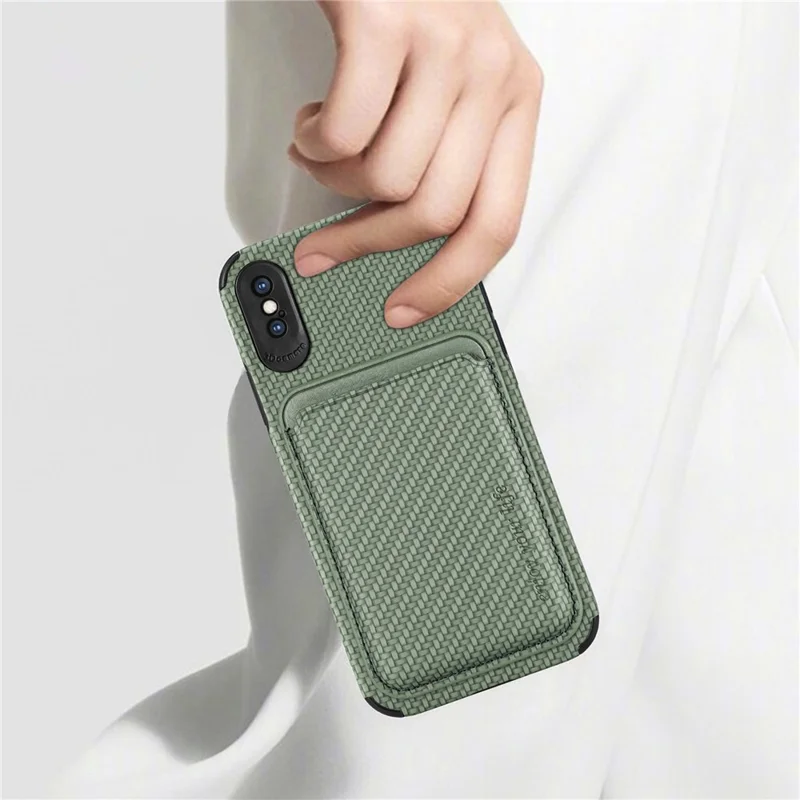 Para iPhone X/XS de 5.8 pulgadas Funda de teléfono con textura de fibra de carbono Resistente al desgaste PU Cuero + TPU + Protector PVC con soporte magnético desmontable para tarjetas - Verde
