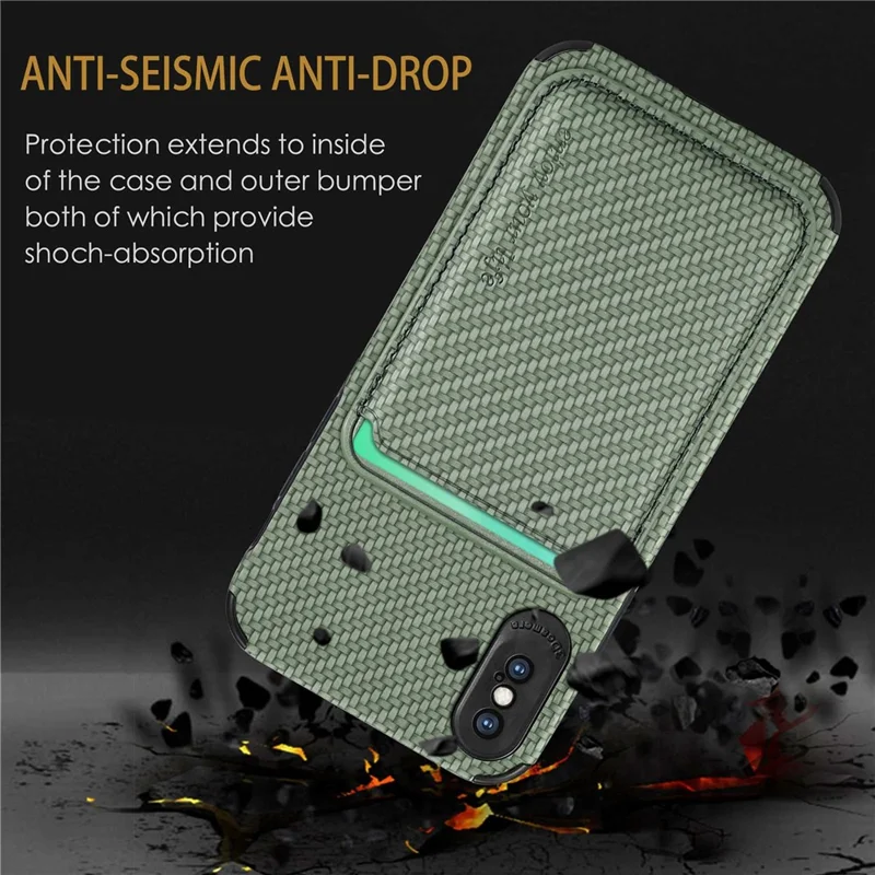 Para iPhone X/XS de 5.8 pulgadas Funda de teléfono con textura de fibra de carbono Resistente al desgaste PU Cuero + TPU + Protector PVC con soporte magnético desmontable para tarjetas - Verde