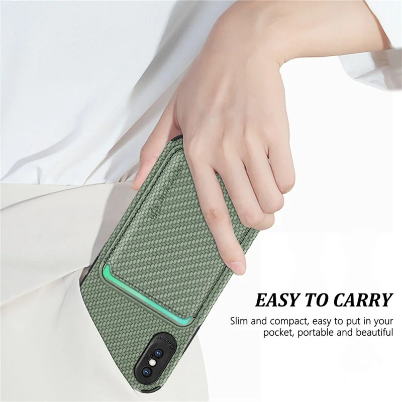 Para iPhone X/XS de 5.8 pulgadas Funda de teléfono con textura de fibra de carbono Resistente al desgaste PU Cuero + TPU + Protector PVC con soporte magnético desmontable para tarjetas - Verde