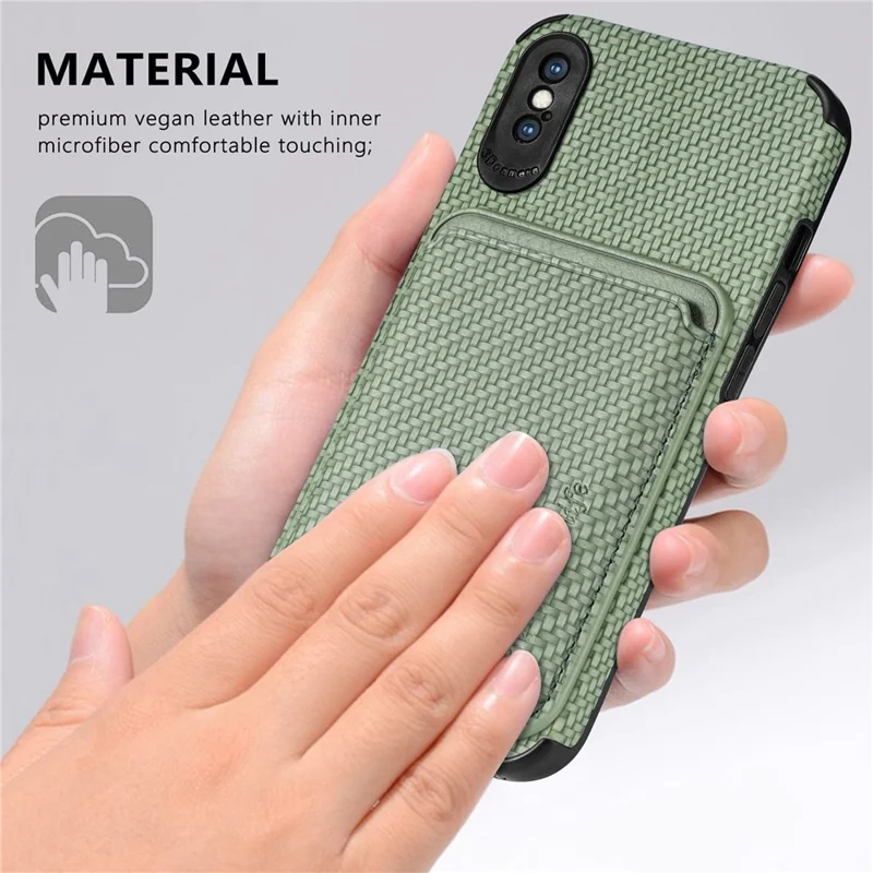 Para iPhone X/XS de 5.8 pulgadas Funda de teléfono con textura de fibra de carbono Resistente al desgaste PU Cuero + TPU + Protector PVC con soporte magnético desmontable para tarjetas - Verde