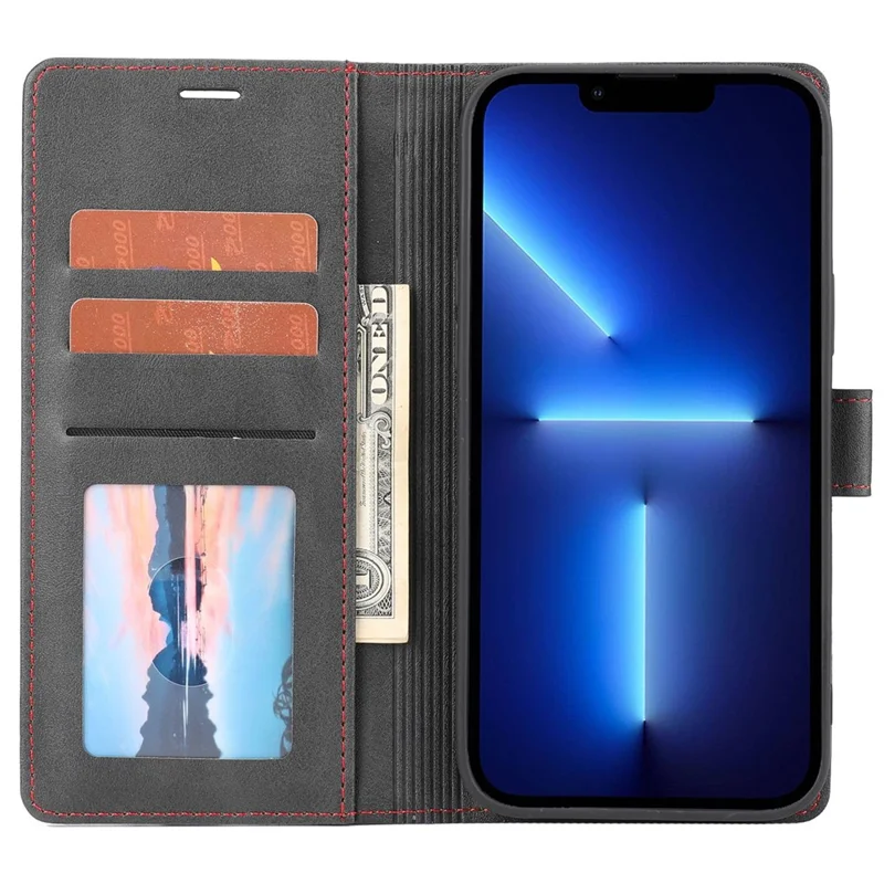 For iPhone 14 6.1 inch Anti-wear Phone Cover Shockproof Splicing Flip Leather Case Wallet Stand with Magnetic Closing Clasp - Black