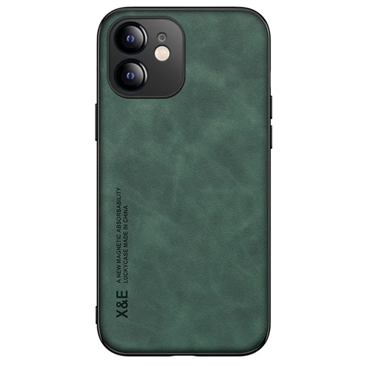 X&E Skin-touch Feeling Protective Phone Cover para iPhone 12 6.1 polegadas, Suporte de Carro Folha de Metal Revestida de Couro TPU Case - Verde