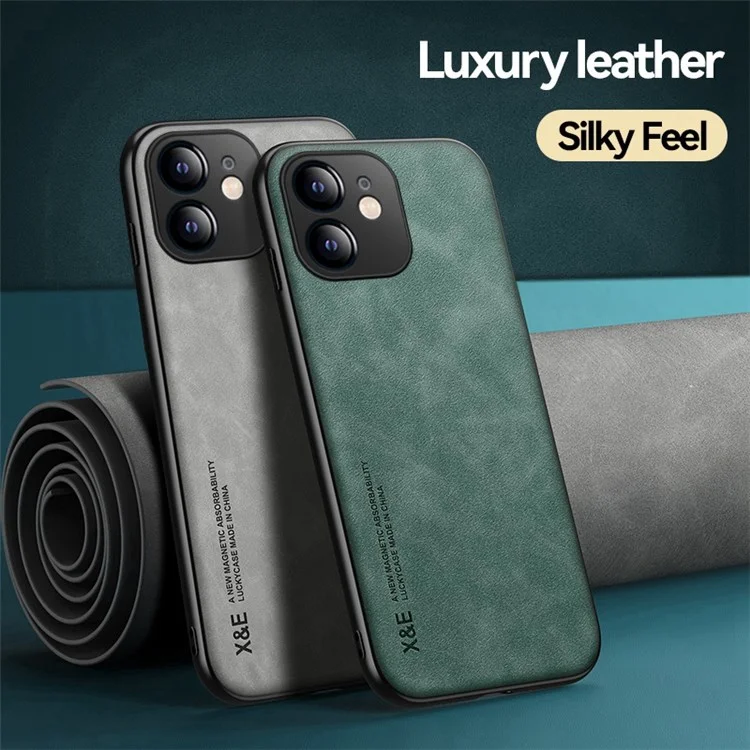 X&E Skin-touch Feeling Protective Phone Cover para iPhone 12 6.1 polegadas, Suporte de Carro Folha de Metal Revestida de Couro TPU Case - Verde