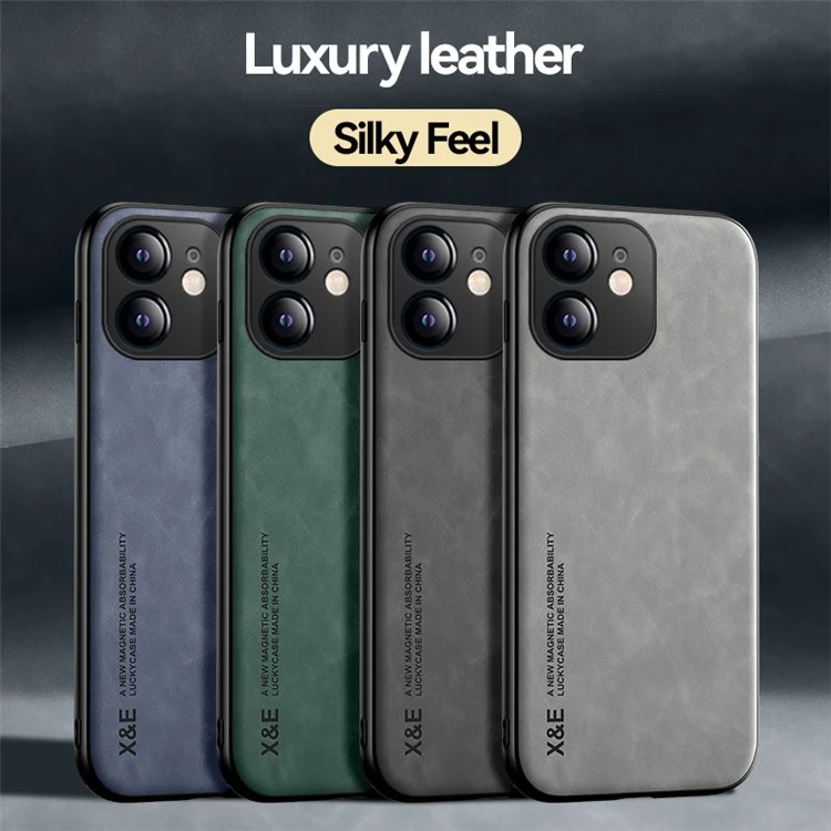 X&E Skin-touch Feeling Protective Phone Cover para iPhone 12 6.1 polegadas, Suporte de Carro Folha de Metal Revestida de Couro TPU Case - Verde