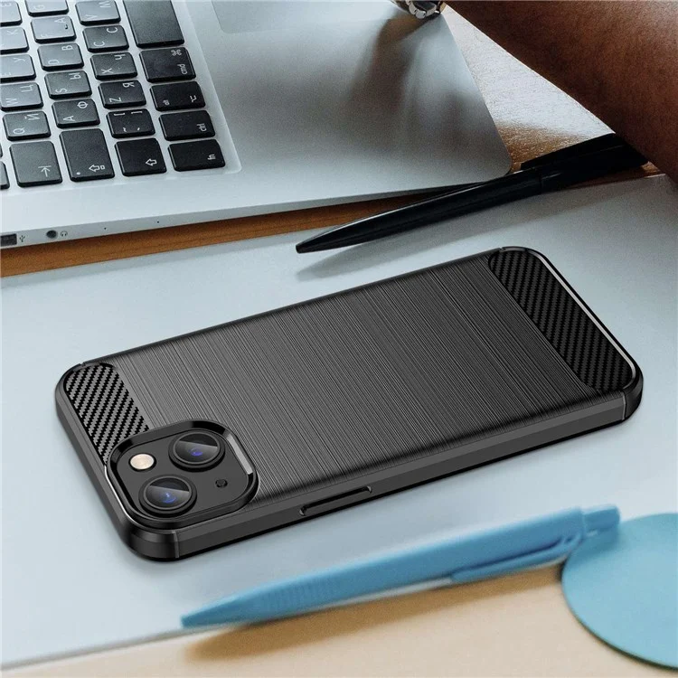 Protective Case for iPhone 14 6.1 inch Brushed Carbon Fiber Texture TPU Cover Anti-Drop Cell Phone Case - Black