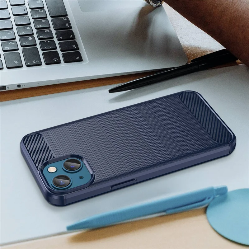 Protective Case for iPhone 14 6.1 inch Brushed Carbon Fiber Texture TPU Cover Anti-Drop Cell Phone Case - Blue