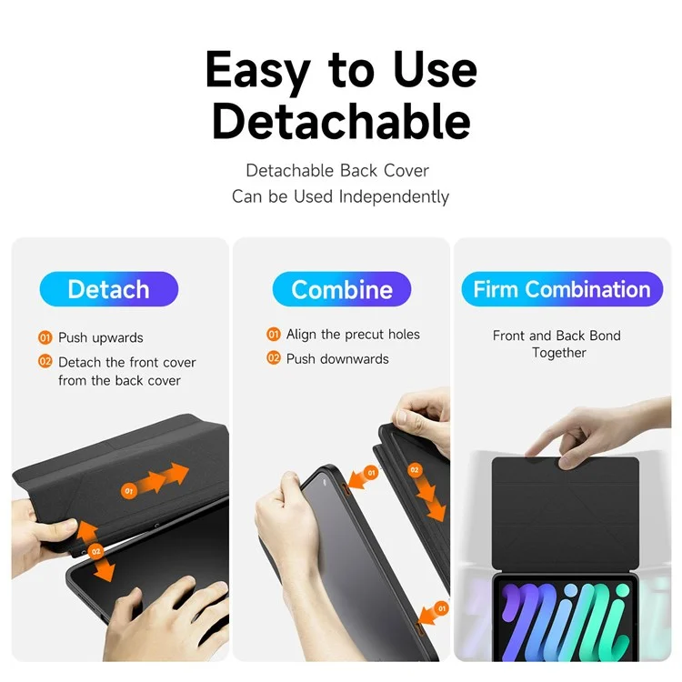 Étui de protection DUX DUCIS Magi pour iPad mini (2024) / mini (2021) Détachable 2-en-1 Cuir+PC+TPU Fonction de réveil / veille automatique Housse de tablette avec support V-Fold - Noir