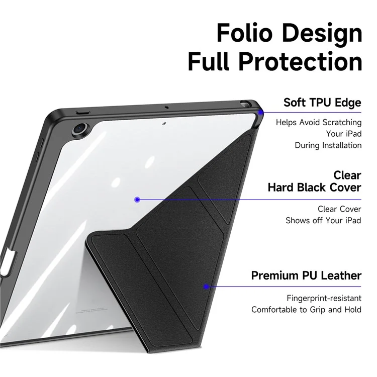 Capa Protetora DUX DUCIS Magi para iPad 10.2 (2019) / (2020) / (2021) - Suporte V-fold, Anti-arranhões, Couro+PC+TPU, Tablet Cover com Função Ligar/Desligar Automática - Preto 