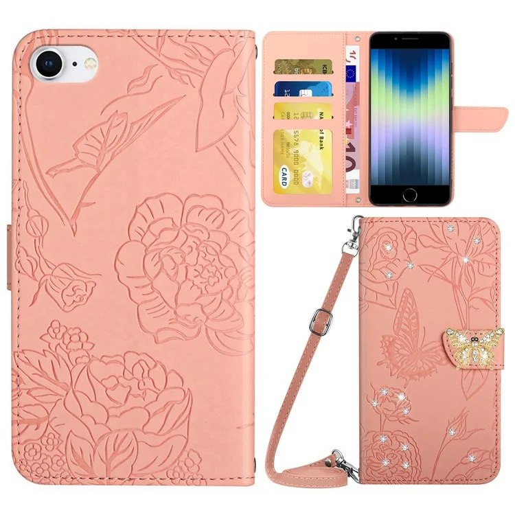 Per Iphone 7 / 8 / SE (2020) / SE (2022) Copertura Telefonica, Fiori di Farfalla Impronta Decorazione Del Decoraggio Strass Per la Copertura Piena in Pelle Con Spalla - Rosa
