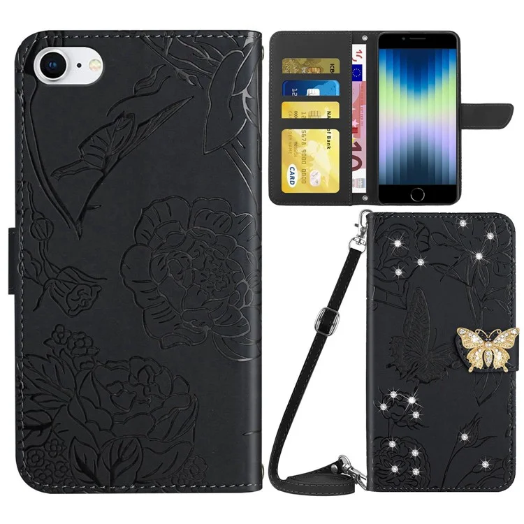 Funda para iPhone 7 / 8 / SE (2020) / SE (2022), con flores de mariposa estampadas y decoración con rhinestones, estilo billetera con soporte y correa para el hombro - Negro