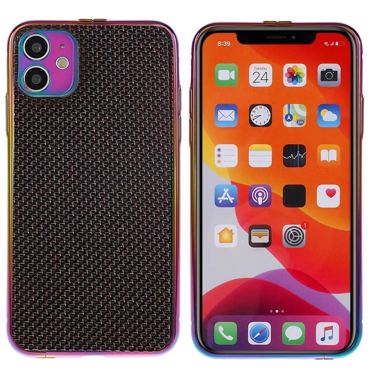 Pour Iphone 11 6,1 Pouces en Acier Inoxydable Case de Pare-chocs Aramide Fibre de Carbone Fibre Arrière Plaque de Téléphone Couvercle Avec Protège-objectif Métallique Protecteur - Multicolore