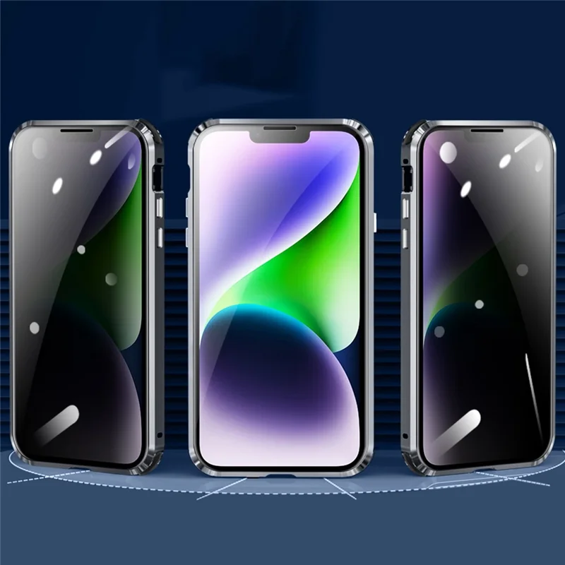 For iPhone 14 Anti-drop Phone Cover Four Corners Protection Double-Sided Magnetic Metal Frame Anti-Spy Phone Case with Lock Buckle Design - Silver