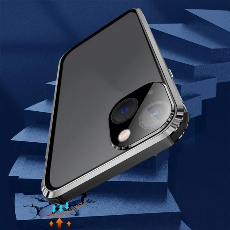 For iPhone 14 Anti-drop Phone Cover Four Corners Protection Double-Sided Magnetic Metal Frame Anti-Spy Phone Case with Lock Buckle Design - Silver