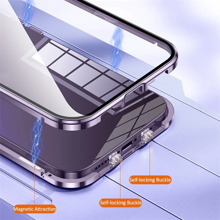 Capa Anti-Risco para iPhone 14 Case Full Guard Shockproof Case Magnetic Metal Frame + Capa de Telefone de Vidro Temperado com Fecho de Travamento Automático - Roxo