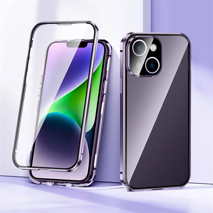 For iPhone 14 Plus Magnetic Phone Case Full Protection Phone Cover Metal + Tempered Glass Shockproof Case with Self-Locking Buckle - Purple