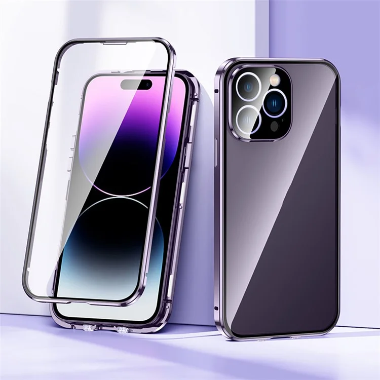 For iPhone 14 Pro Max Phone Case Full Protection Shockproof Case Metal + Tempered Glass Magnetic Phone Cover with Self-Locking Buckle - Purple