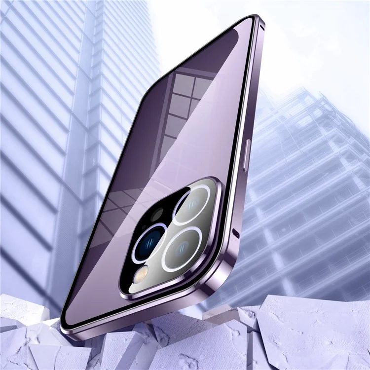 Für iPhone 14 Pro Max Handyhülle Rundumschutz, stoßfeste Hülle Metall + Gehärtetes Glas Magnetische Handyhülle mit selbstverriegelndem Verschluss - Lila