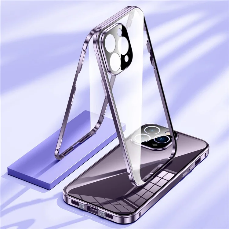 For iPhone 14 Pro Max Phone Case Full Protection Shockproof Case Metal + Tempered Glass Magnetic Phone Cover with Self-Locking Buckle - Purple