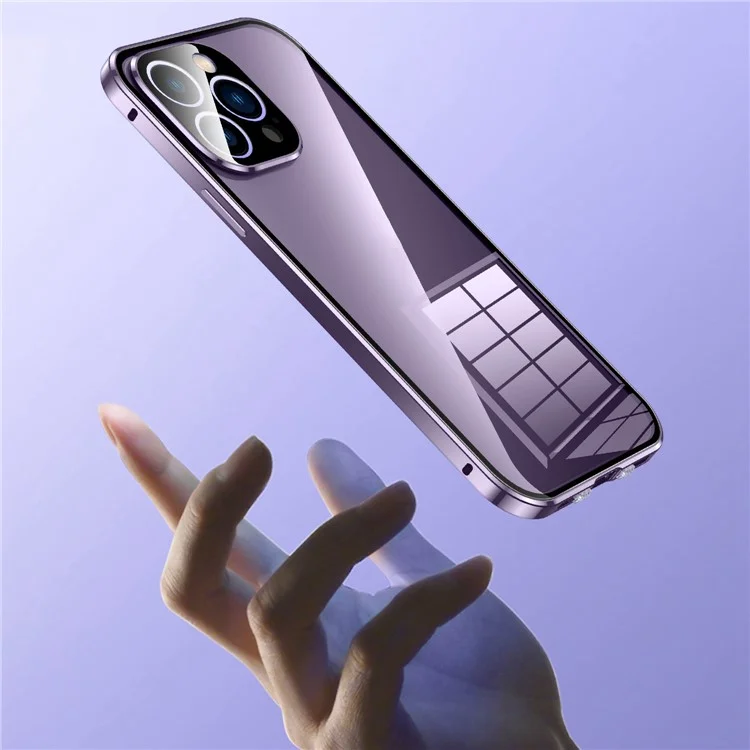 Для iPhone 14 Pro Противоударный чехол с полной защитой Чехол для телефона из металла + Закаленное стекло Магнитный чехол с самозапирающейся пряжкой - Фиолетовый