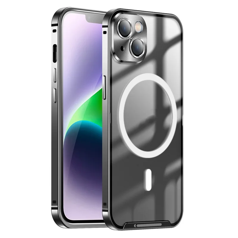 Anti-Drop Magnetic Case for iPhone 14 Protective Slim Cover PC + Metal Matte Phone Case with Integrated Lens Cover - Black