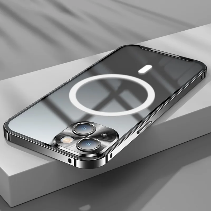 Anti-Drop Magnetic Case for iPhone 14 Protective Slim Cover PC + Metal Matte Phone Case with Integrated Lens Cover - Black