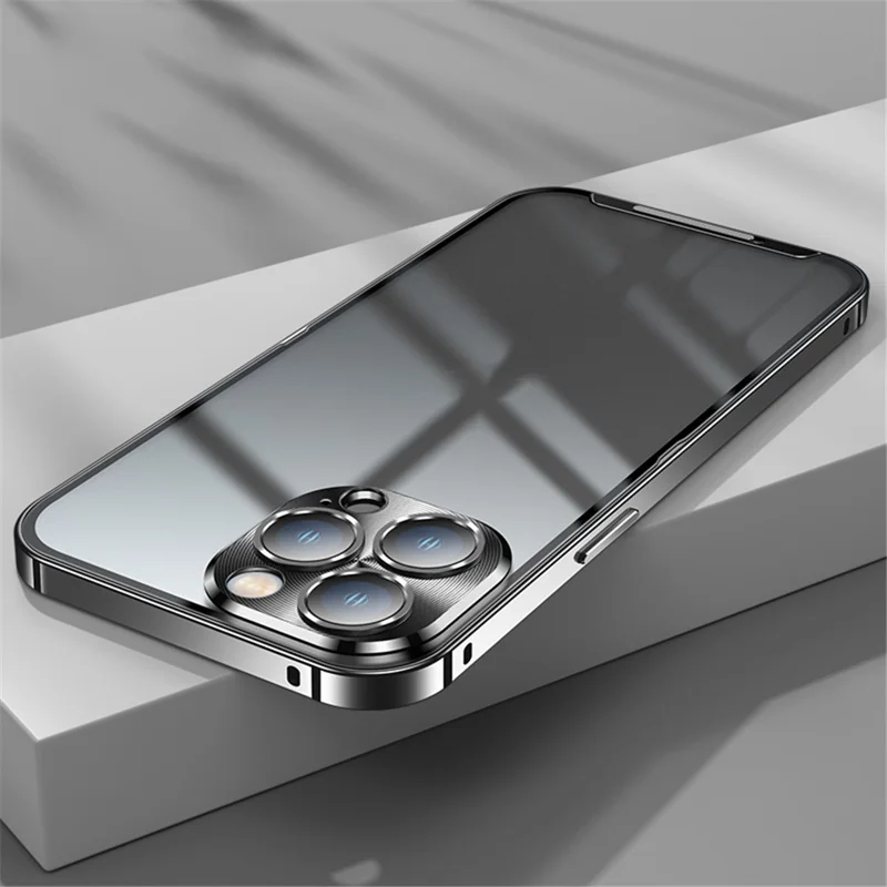 Anti-fall Phone Cover For iPhone 14 Pro Max Aluminium Alloy Bumper Frame Shockproof Matte Phone Case with Metal Camera Lens Protector - Black